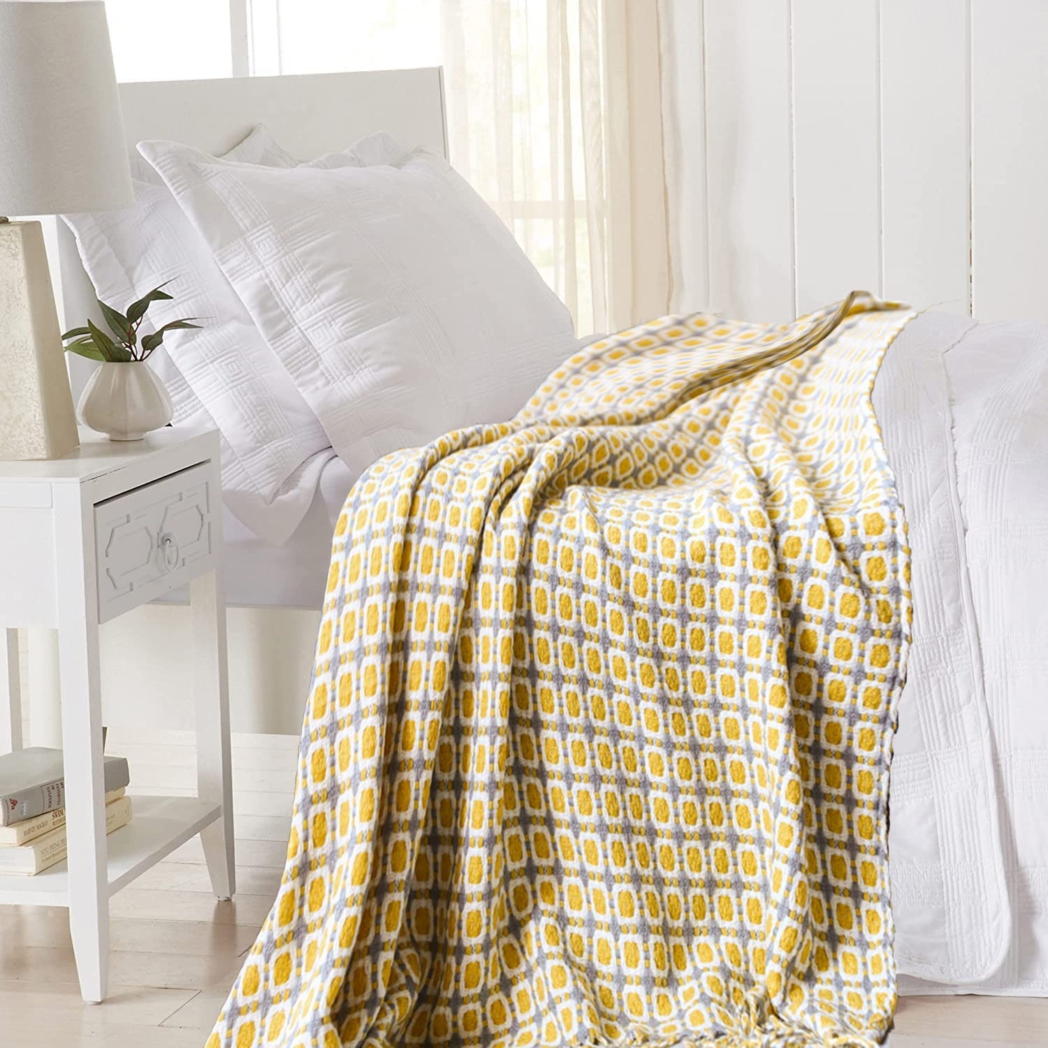 Throw Blanket Chunky Knit - Couverture nordique jaune moutarde avec glands,