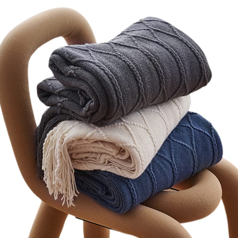 Throw Blanket Chunky Knit - Couverture tricotée vintage à pompons, gris